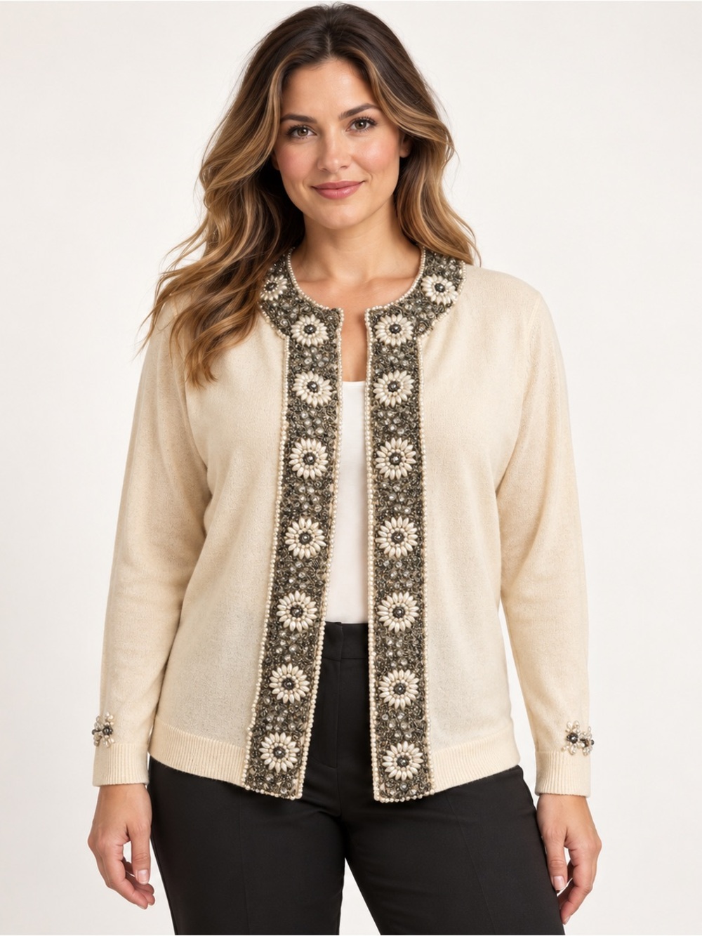 Vintage Elegant Cream Cardigan Gold floral Embellishments Sz 40 As is